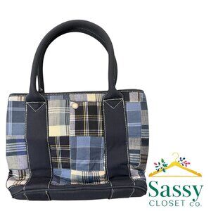 ✨ J. CREW Patchwork Plaid Canvas Tote Bag Blue White Coastal EUC ⚓